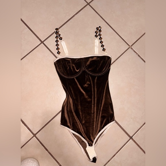 ami muse Tops - Ami muse Studio Brown Velvet One-Piece with Cream Trim and Beaded Accents